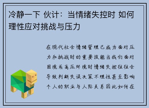 冷静一下 伙计：当情绪失控时 如何理性应对挑战与压力