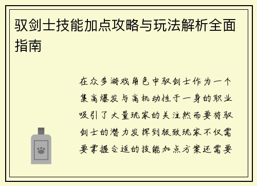 驭剑士技能加点攻略与玩法解析全面指南